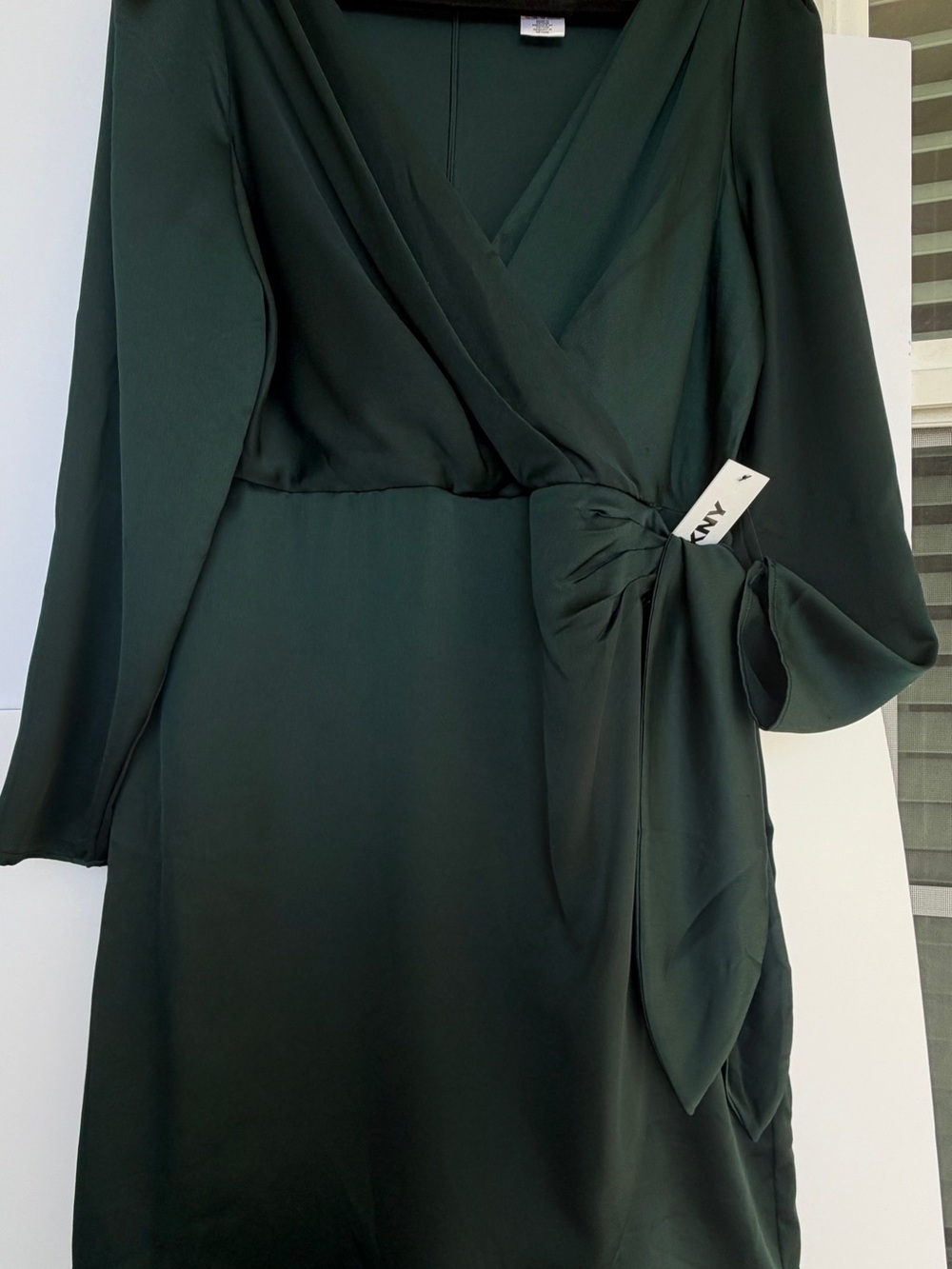 DKNY Forest Green Long-Sleeve Wrap Dress with Side Knot - Size 14 NWT